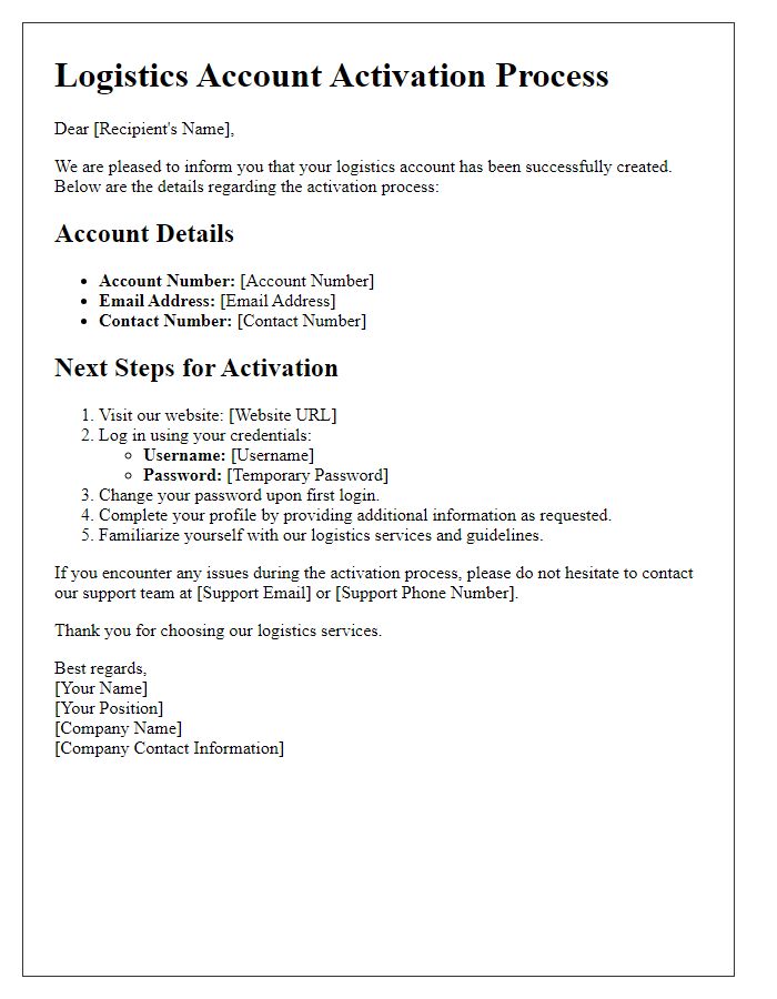 Letter template of logistics account activation process