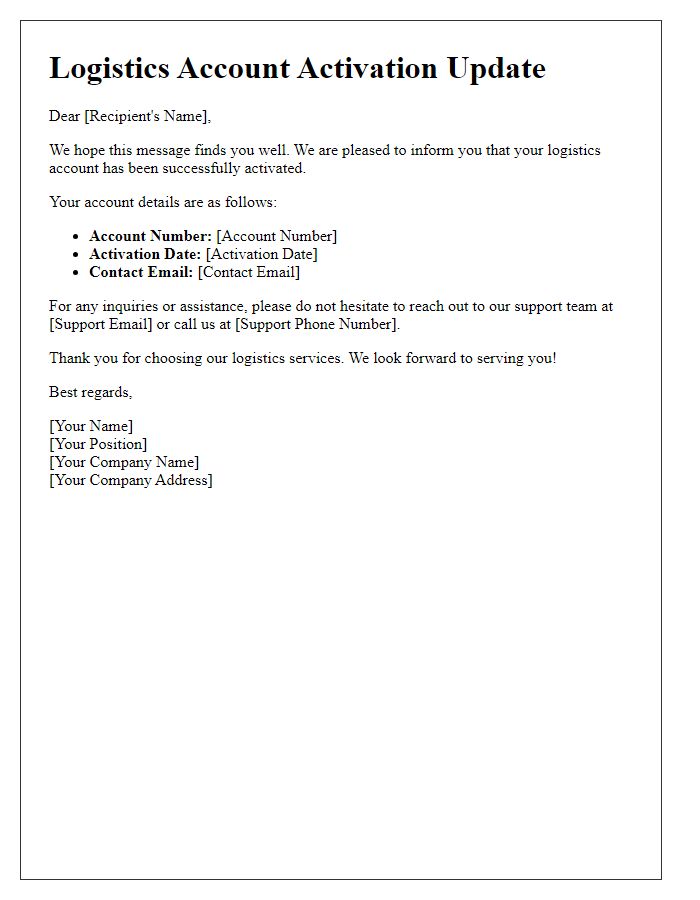 Letter template of logistics account activation update