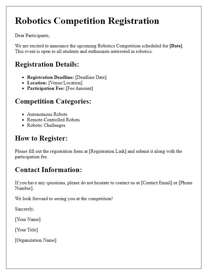 Letter template of information for robotics competition registration