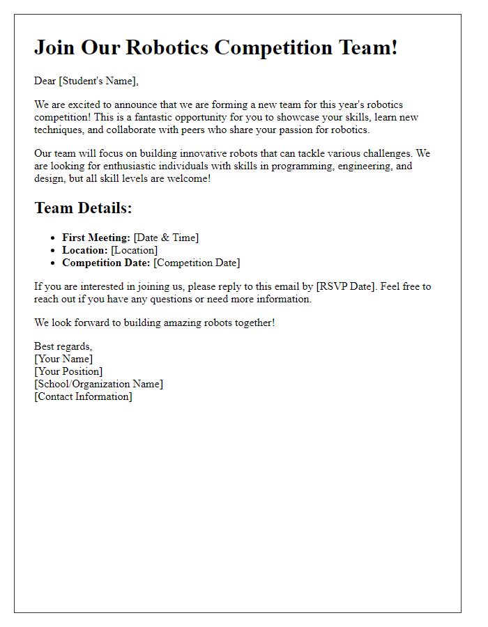 Letter template of recruitment for robotics competition teams