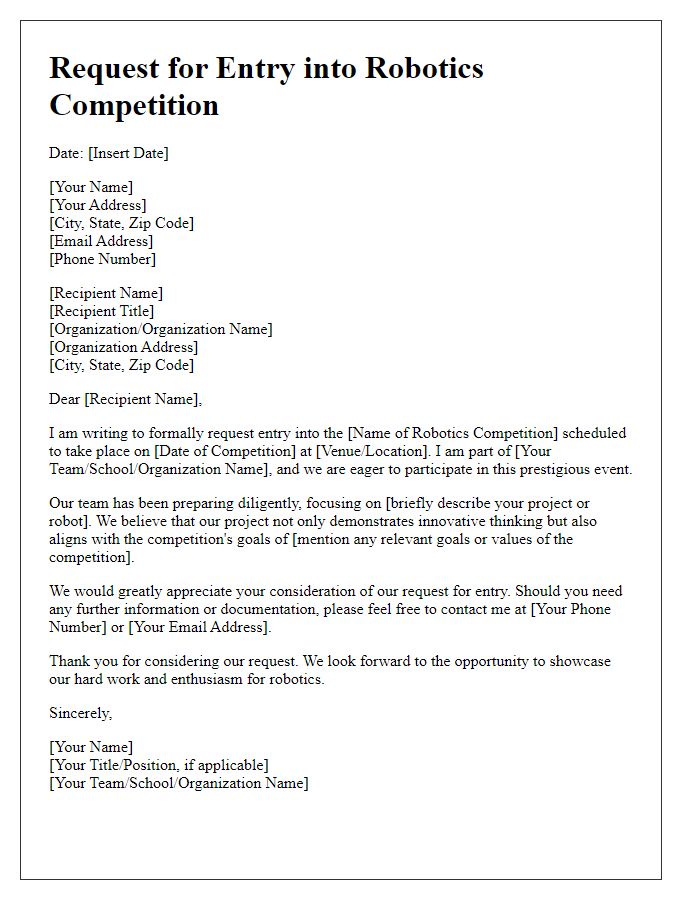 Letter template of request for entry into robotics competition