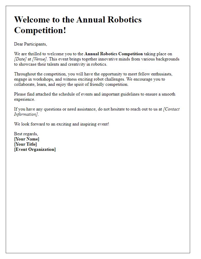 Letter template of welcome to robotics competition event