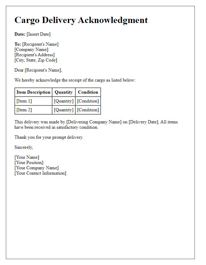 Letter template of cargo delivery acknowledgment