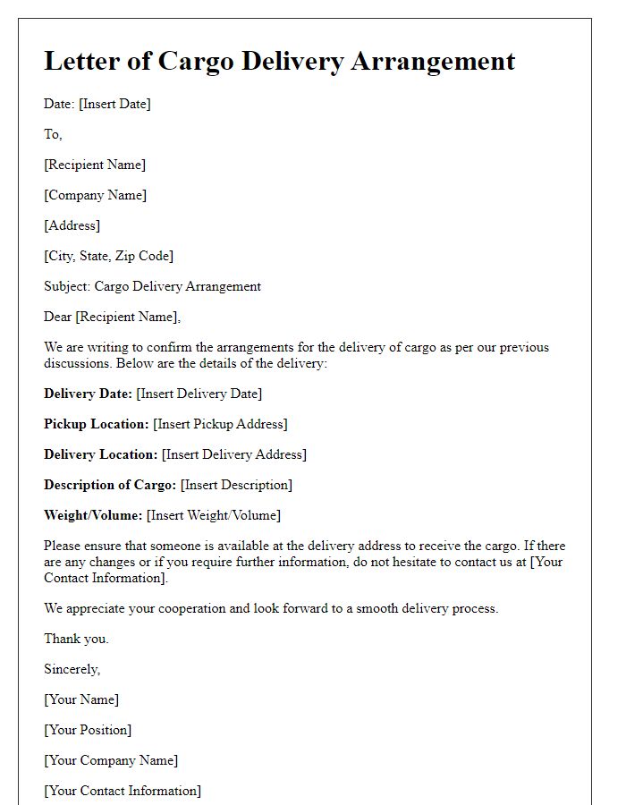 Letter template of cargo delivery arrangement