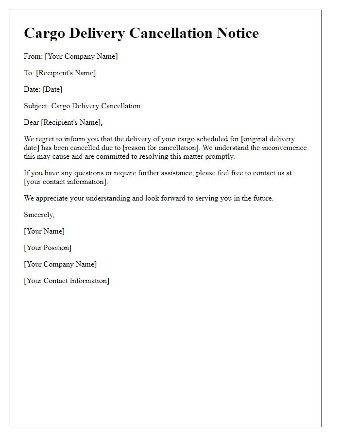 Letter template of cargo delivery cancellation