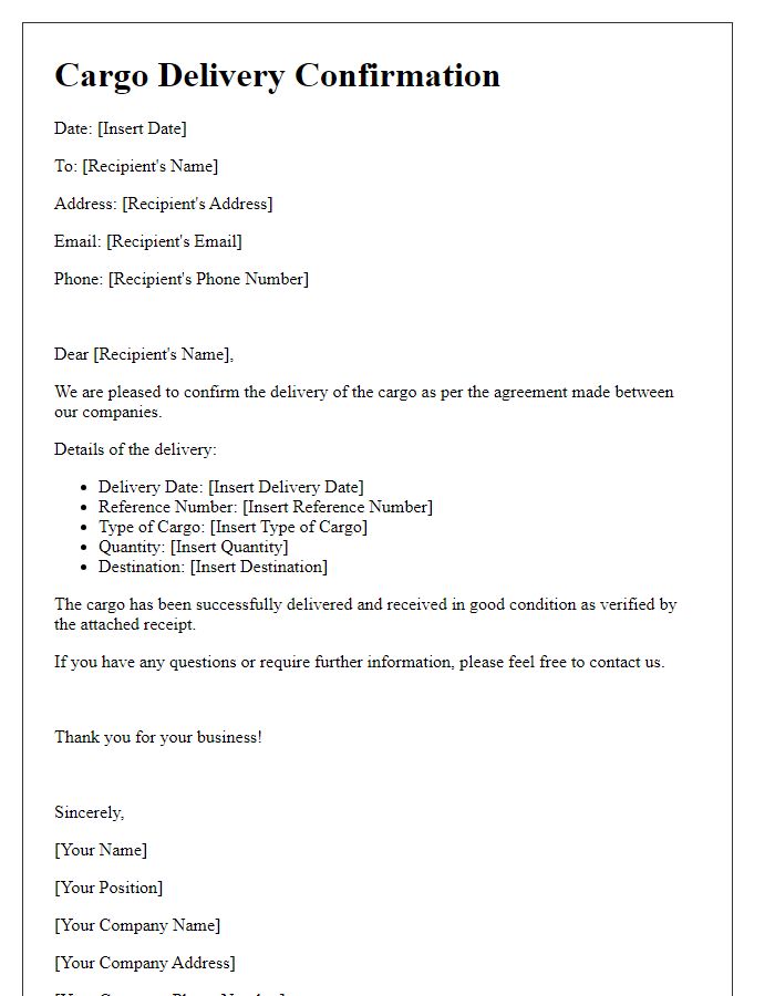 Letter template of cargo delivery confirmation