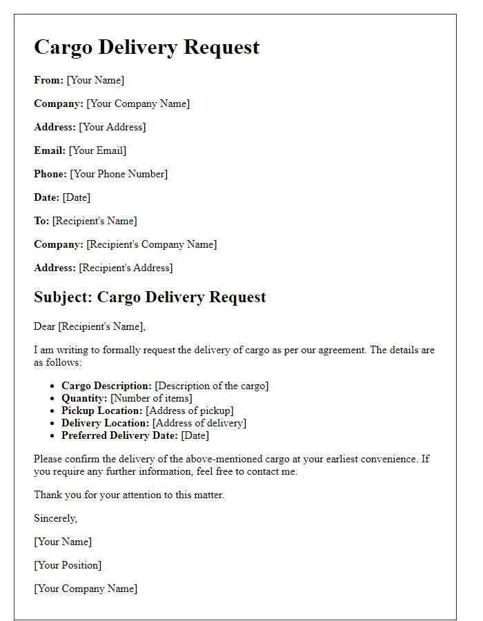 Letter template of cargo delivery request