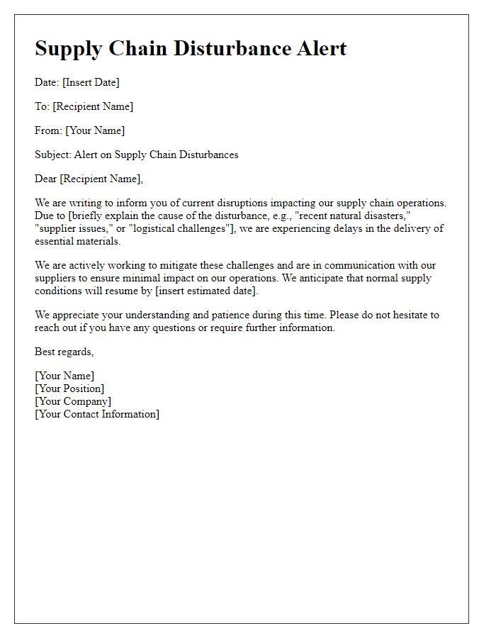 Letter template of alert for supply chain disturbances.