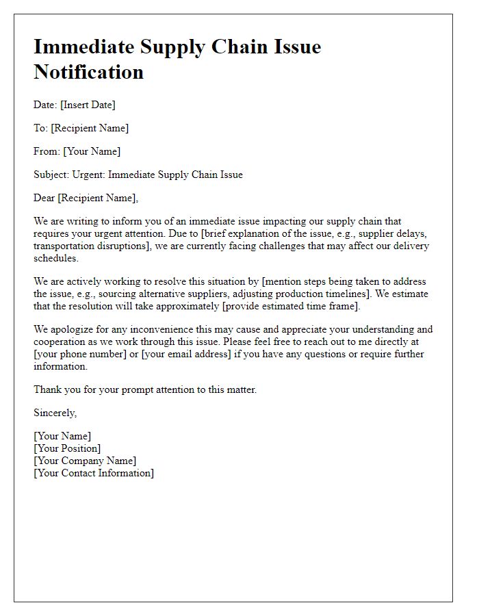 Letter template of immediate supply chain issue communication.