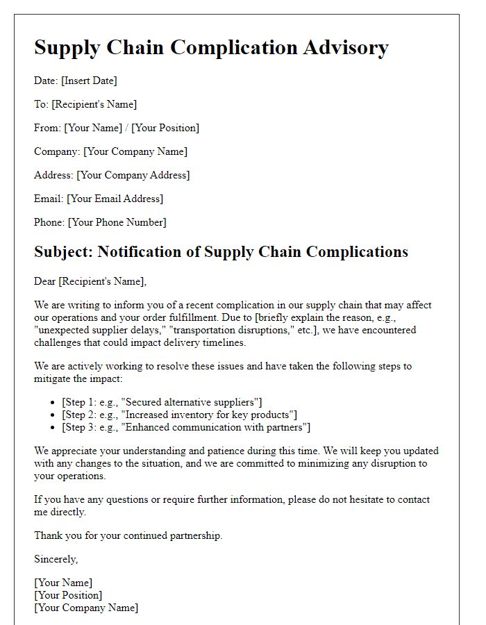 Letter template of supply chain complication advisory.