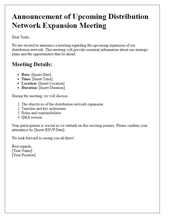 Letter template of announcement for upcoming distribution network expansion meeting