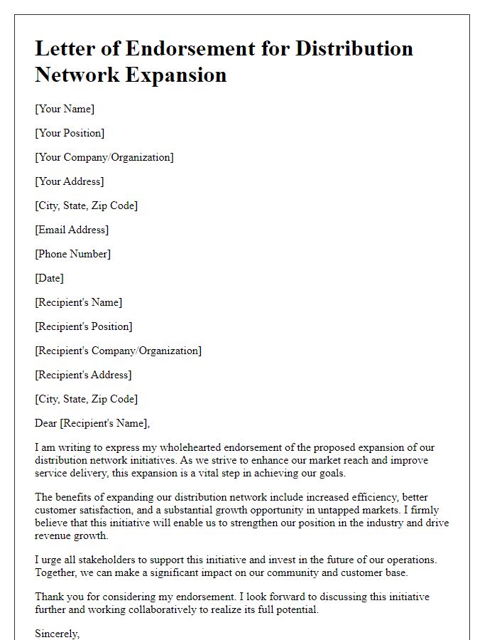 Letter template of endorsement for distribution network expansion initiatives