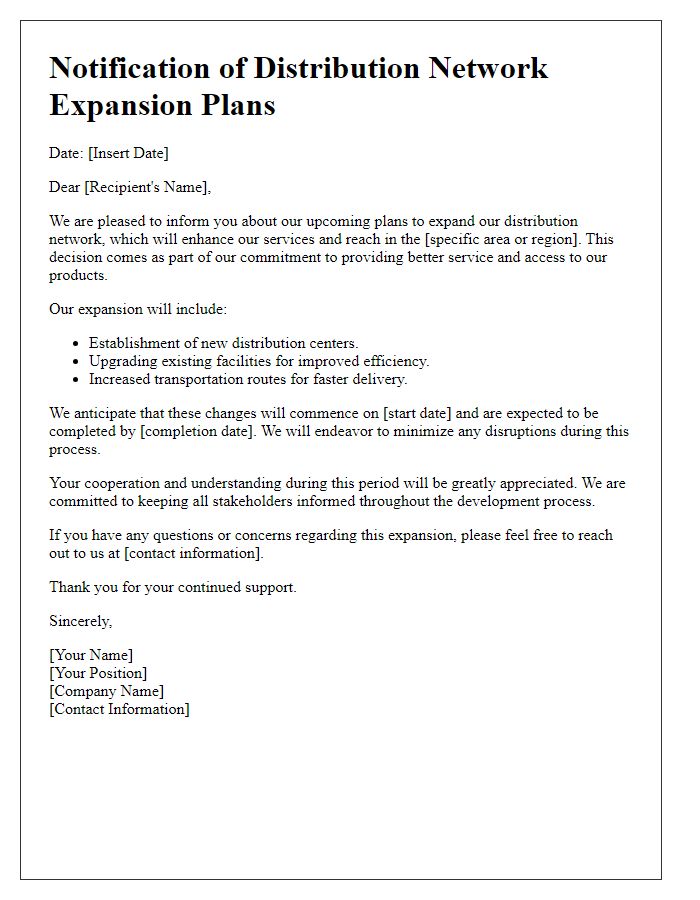 Letter template of notification for distribution network expansion plans