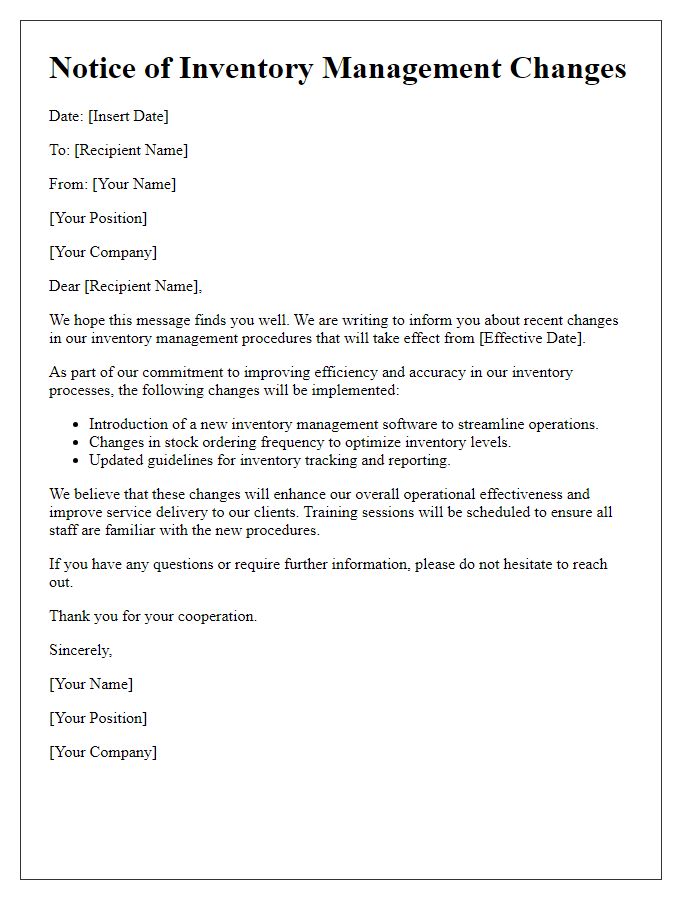 Letter template of inventory management changes