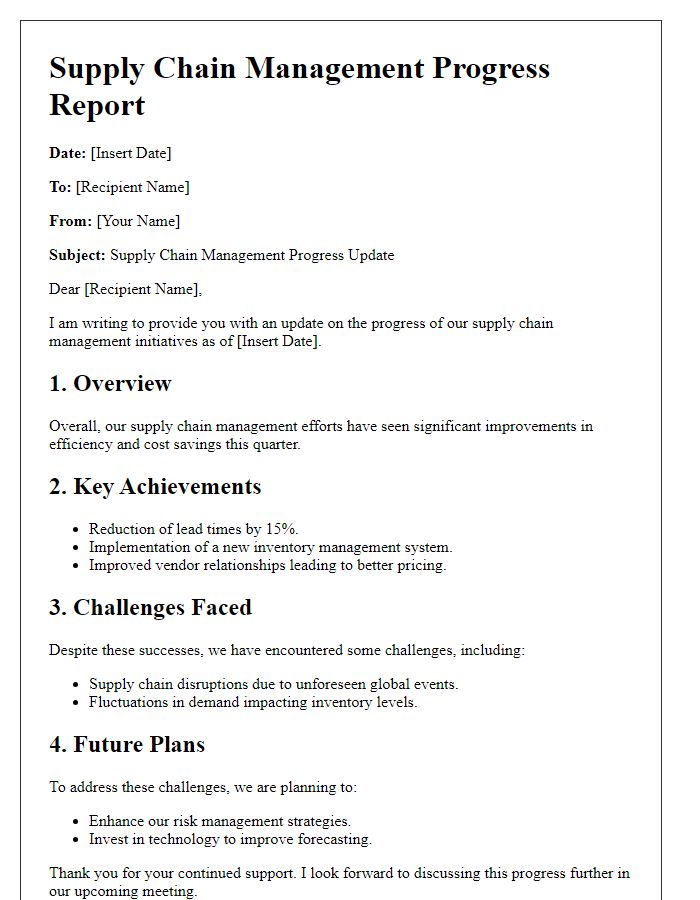 Letter template of supply chain management progress