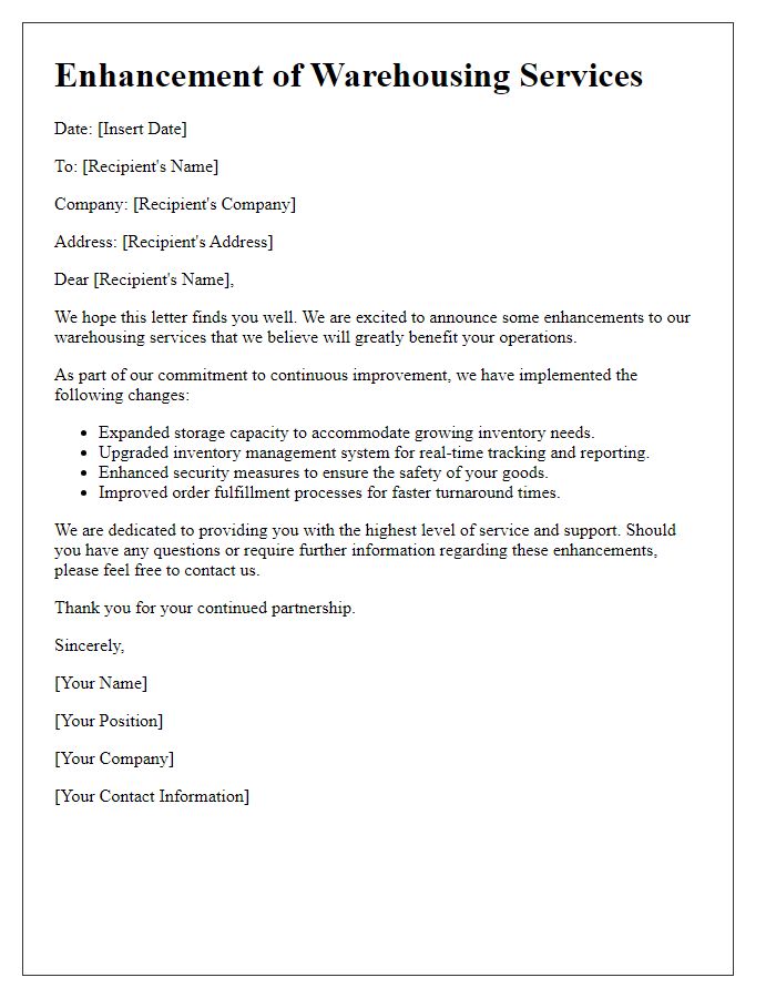 Letter template of warehousing services enhancement