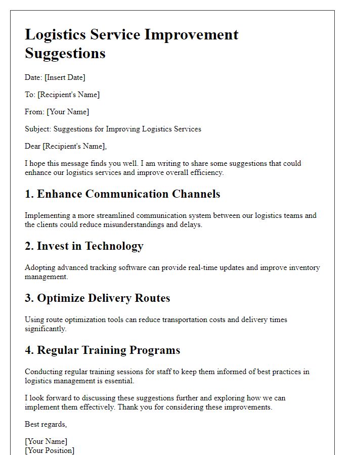 Letter template of logistics service improvement suggestions