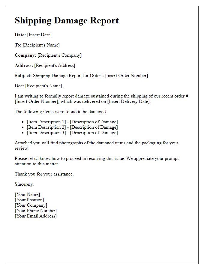 Letter template of shipping damage report.