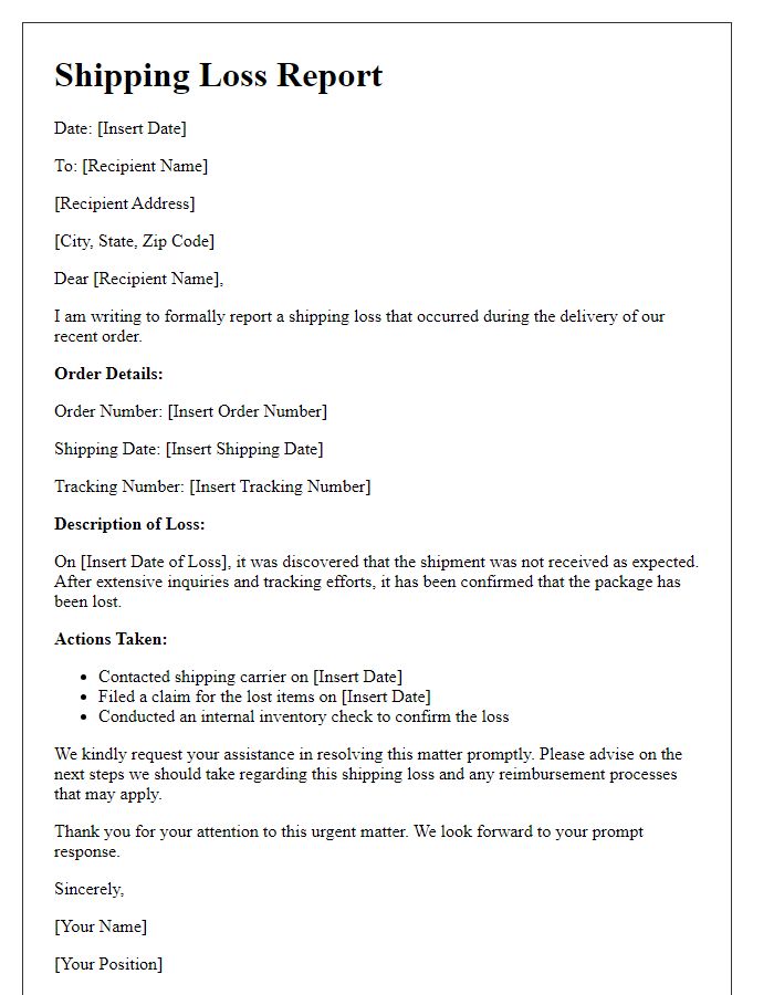 Letter template of shipping loss report.