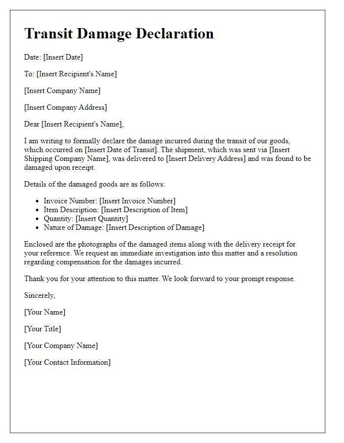 Letter template of transit damage declaration.