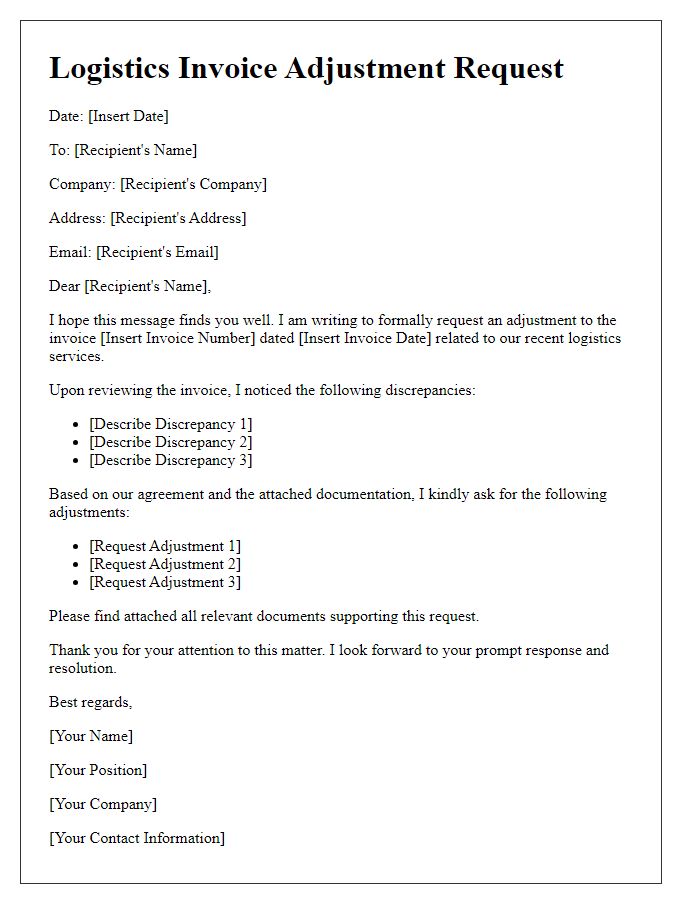 Letter template of logistics invoice adjustment request