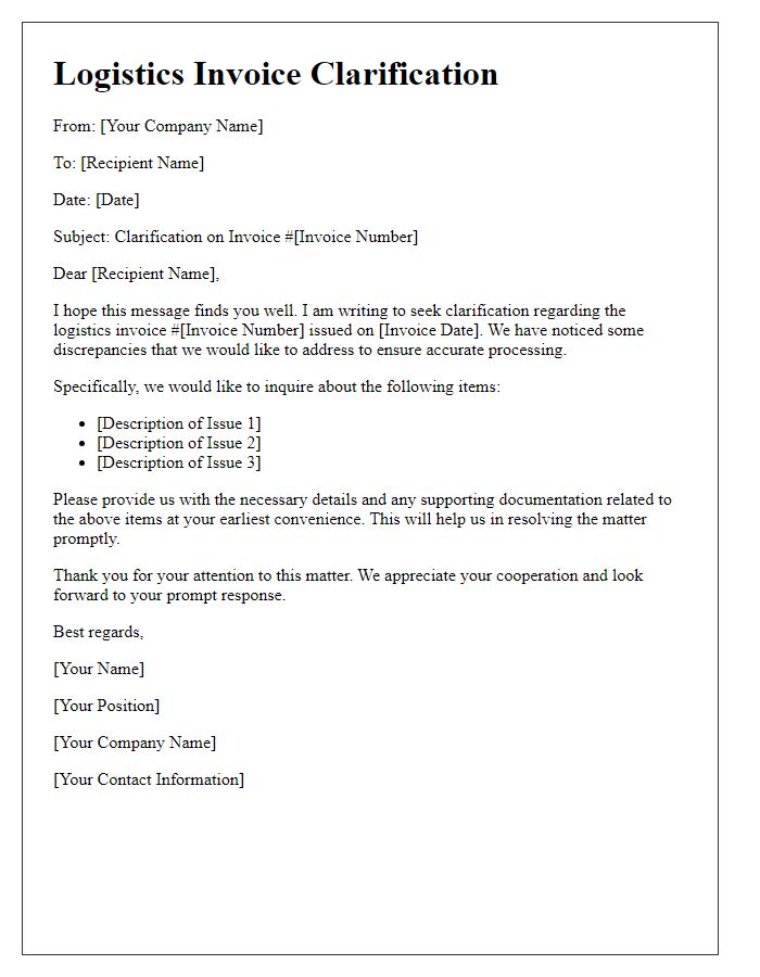 Letter template of logistics invoice clarification