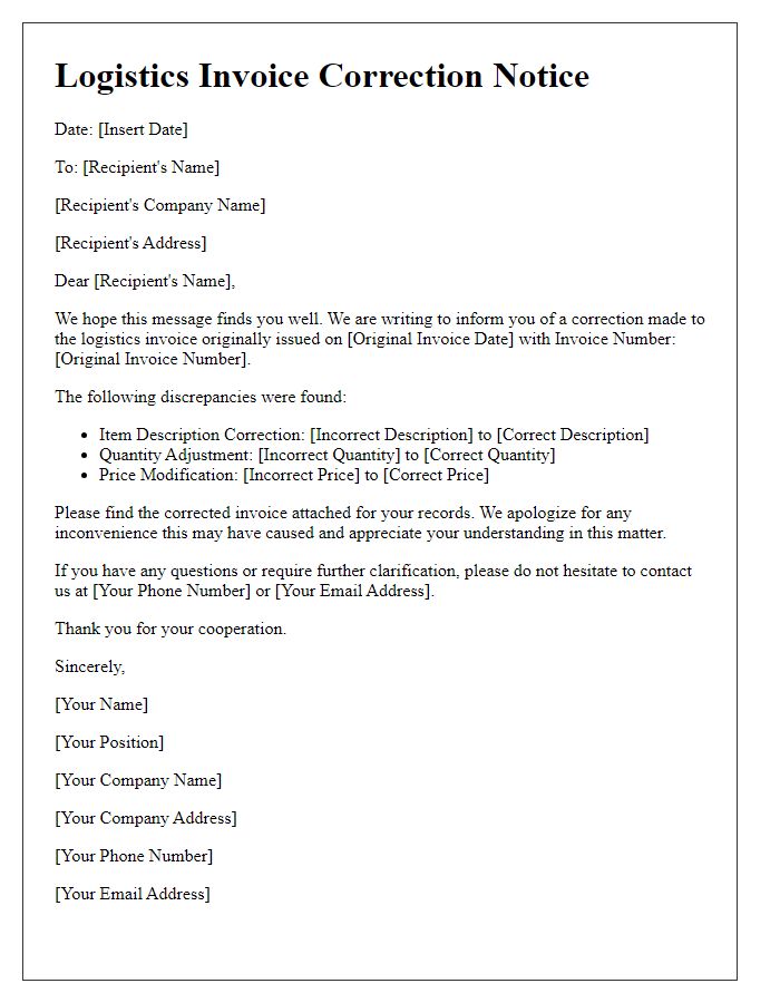 Letter template of logistics invoice correction notice