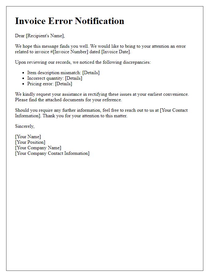 Letter template of logistics invoice error notification