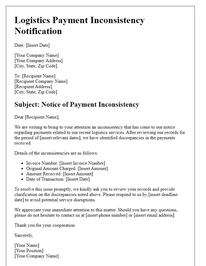 Letter template of logistics payment inconsistency