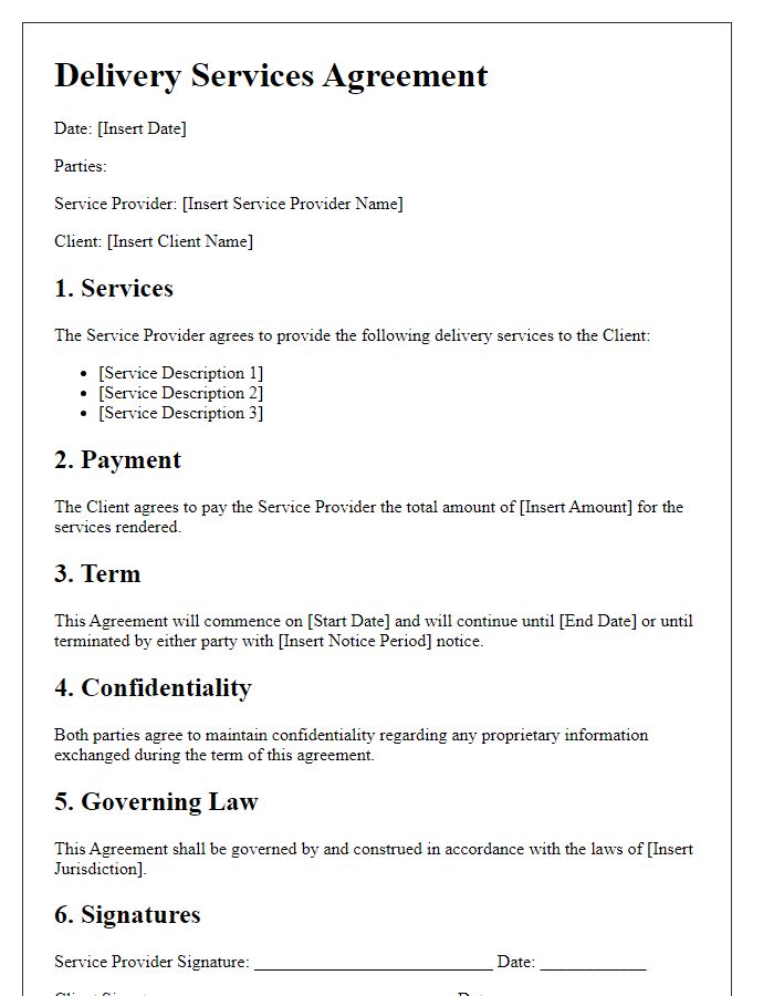 Letter template of delivery services agreement