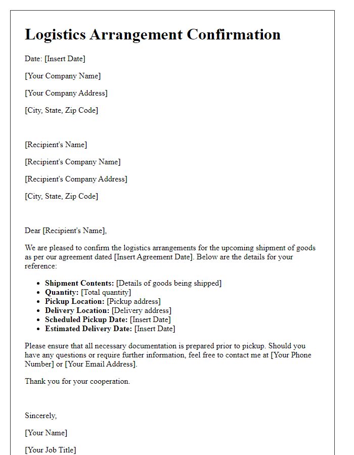 Letter template of supply chain logistics arrangement