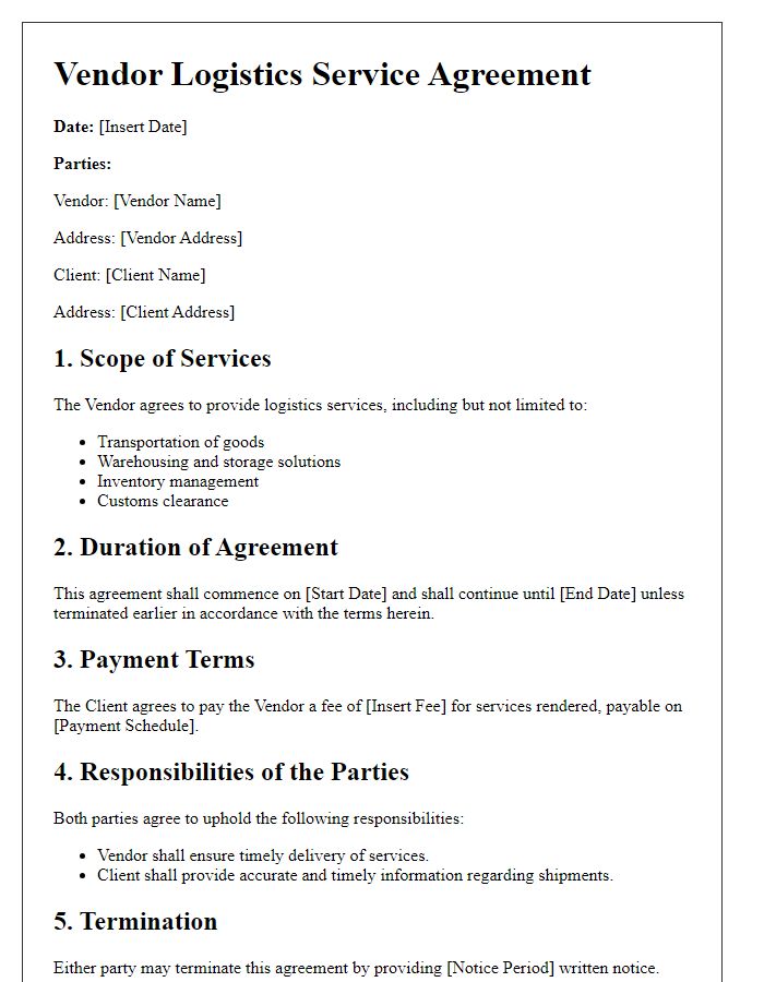 Letter template of vendor logistics service agreement