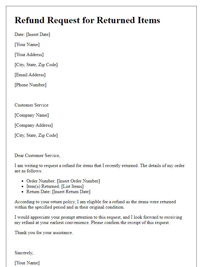 Letter template of refund request for returned items