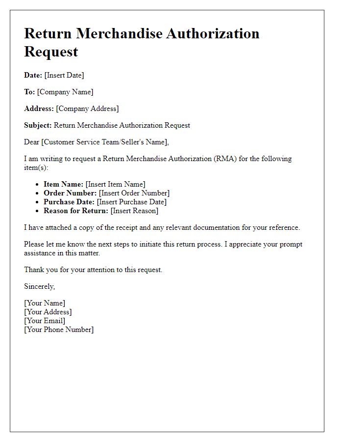 Letter template of return merchandise authorization request