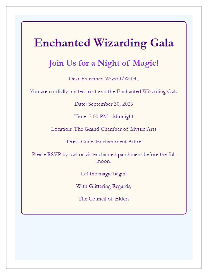 Letter template of an enchanting wizarding gala invitation