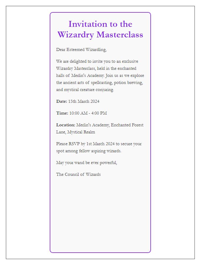 Letter template of a wizardry masterclass invitation