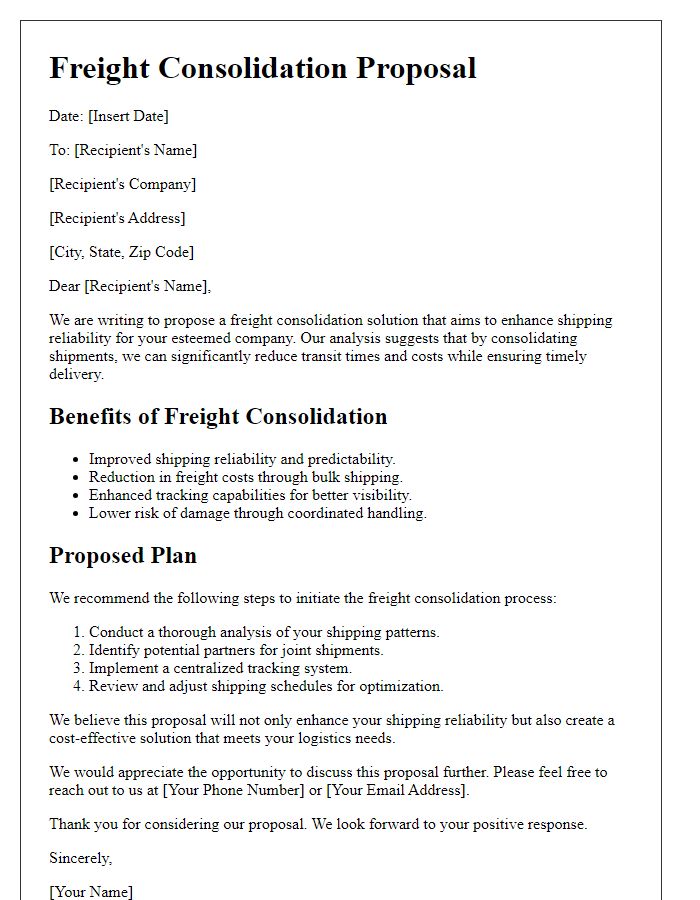 Letter template of freight consolidation proposal for increasing shipping reliability