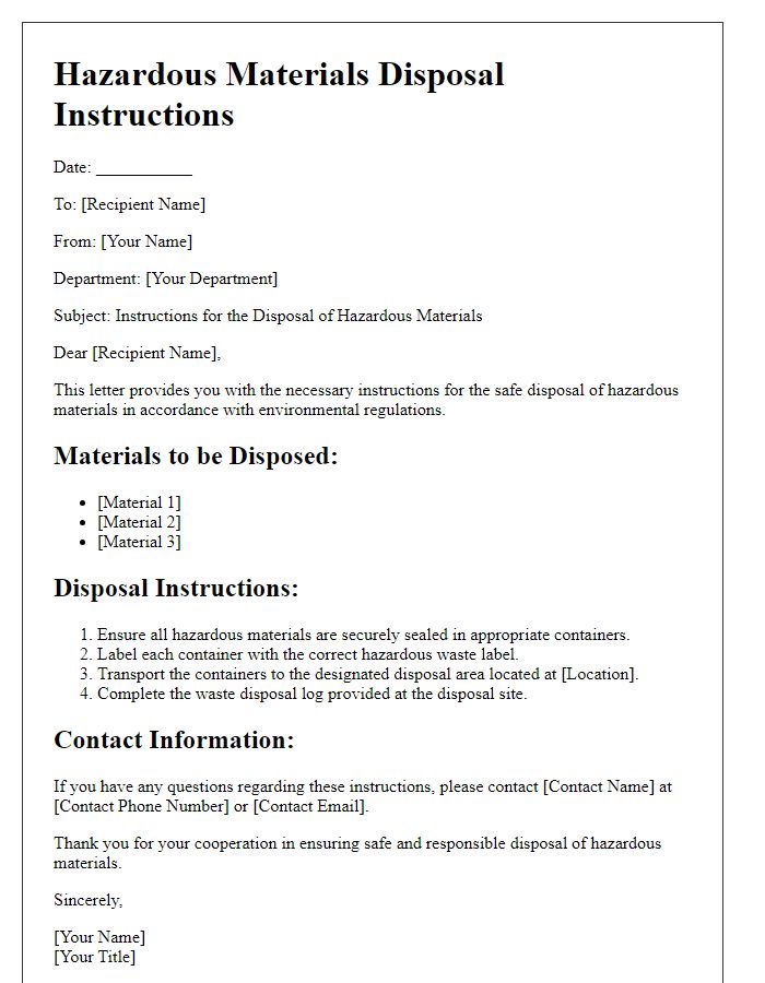 Letter template of hazardous materials disposal instructions