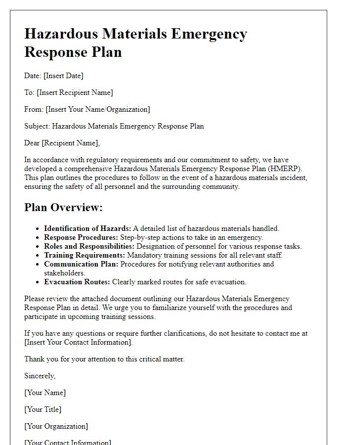 Letter template of hazardous materials emergency response plan