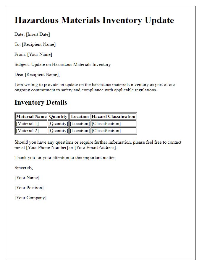 Letter template of hazardous materials inventory update