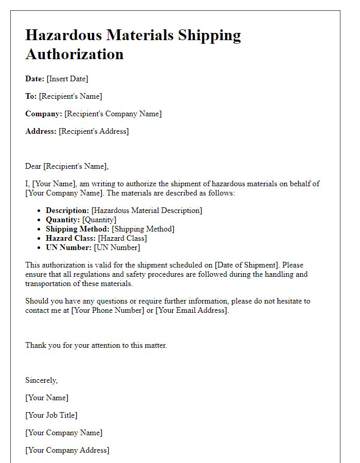 Letter template of hazardous materials shipping authorization