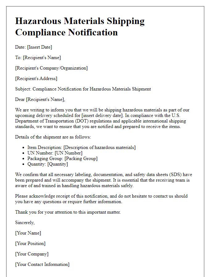 Letter template of hazardous materials shipping compliance notification