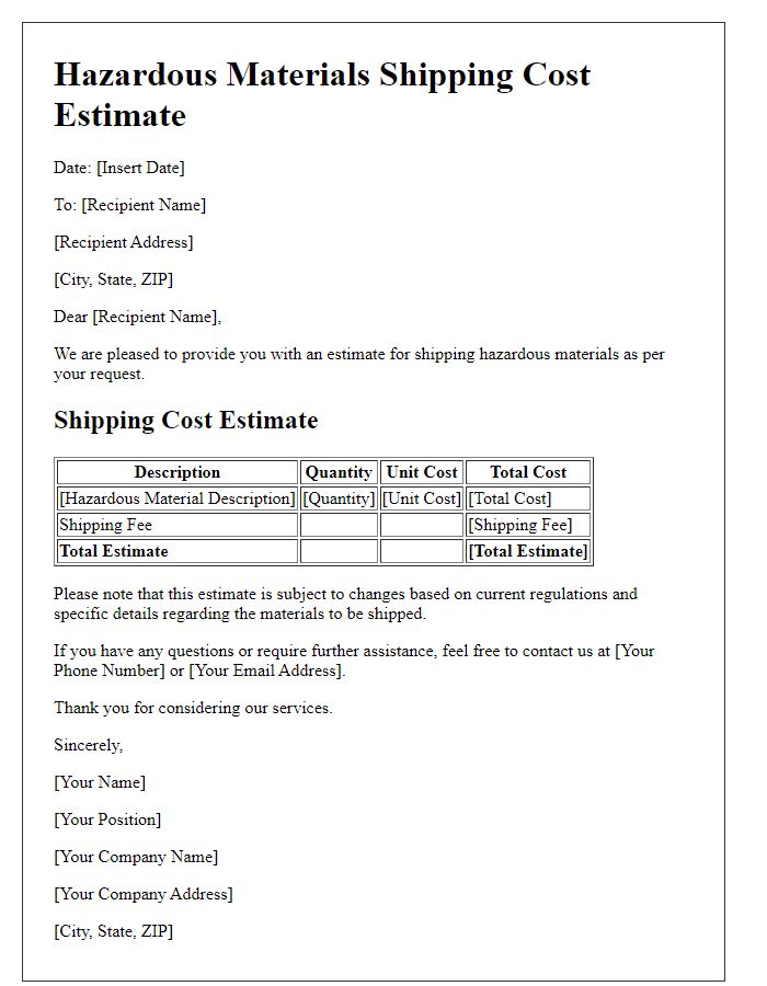 Letter template of hazardous materials shipping cost estimate