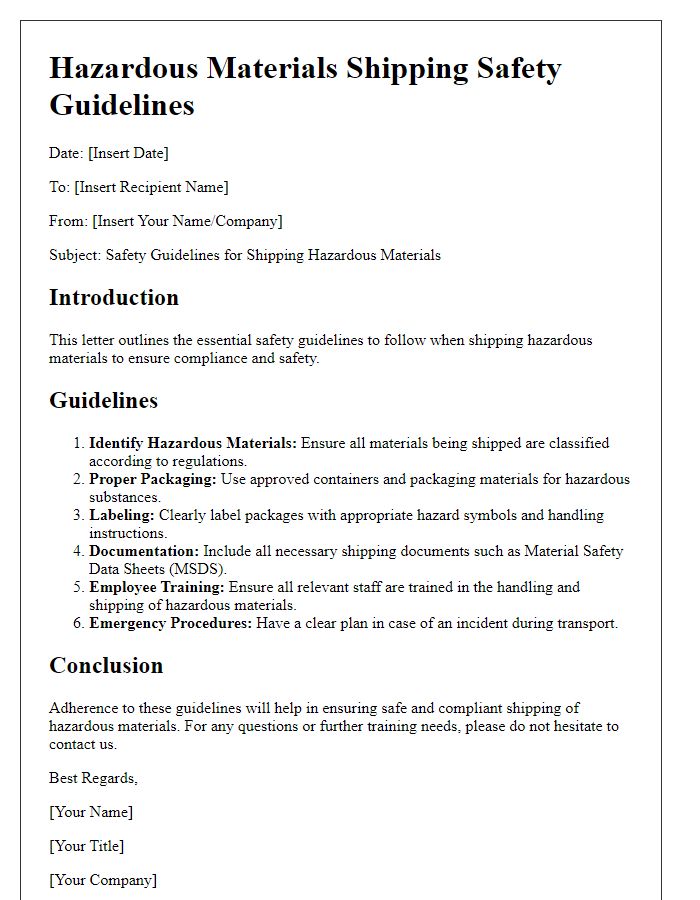 Letter template of hazardous materials shipping safety guidelines