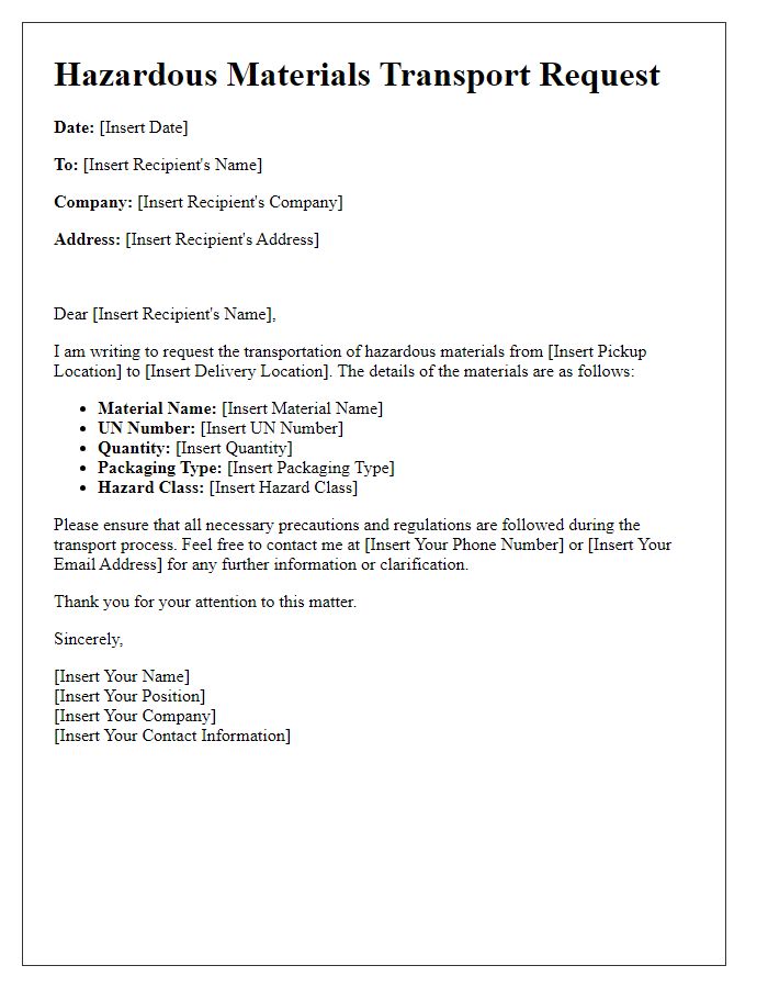 Letter template of hazardous materials transport request