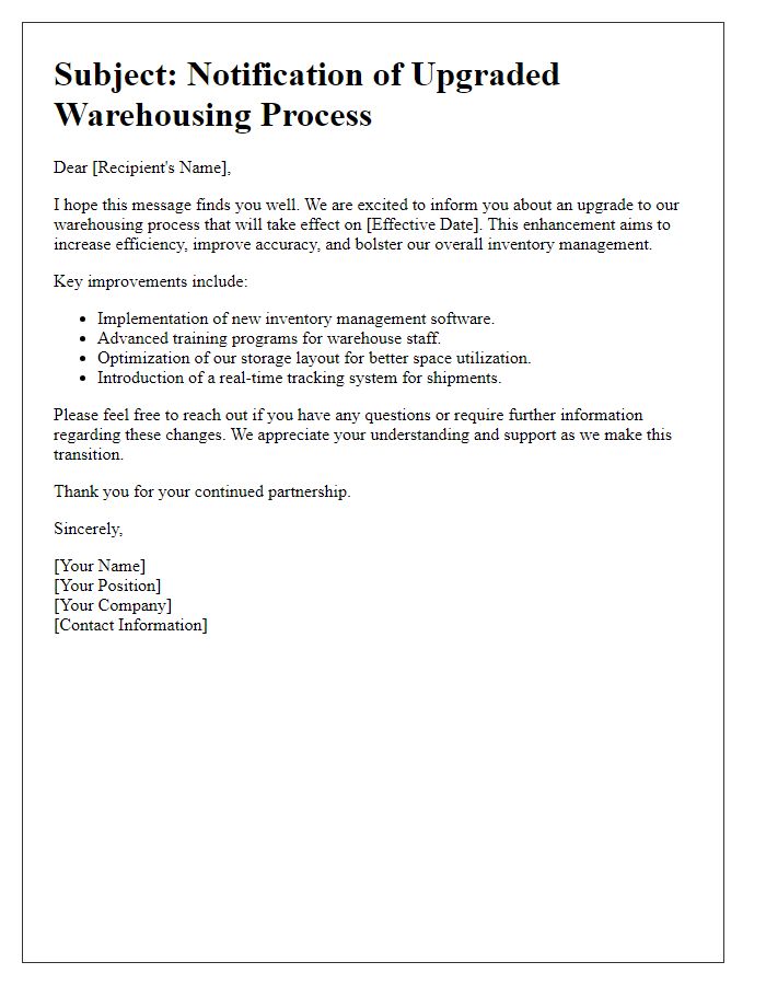 Letter template of warehousing process upgrade