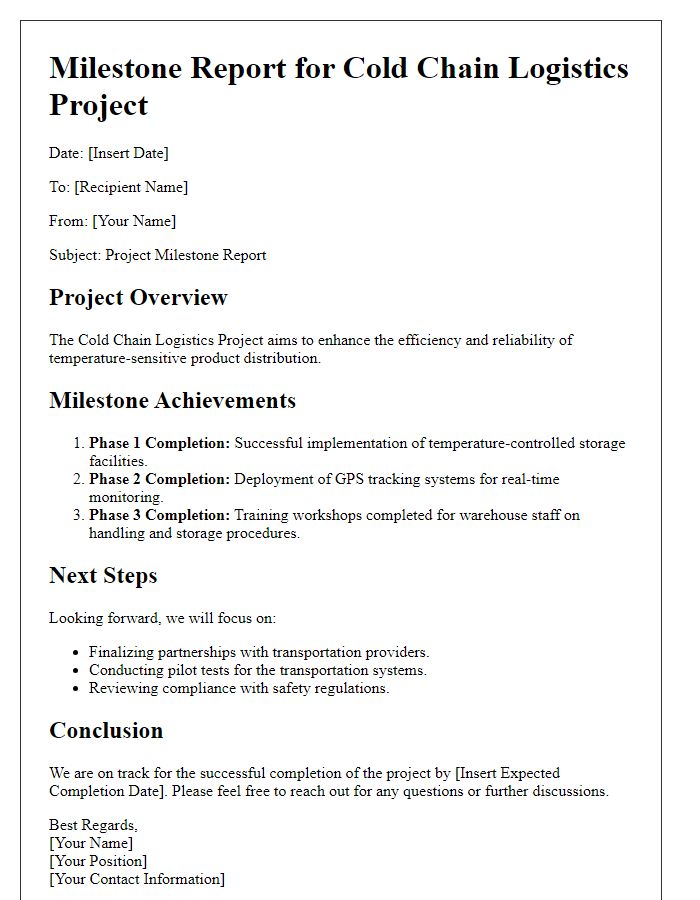 Letter template of cold chain logistics project milestone report