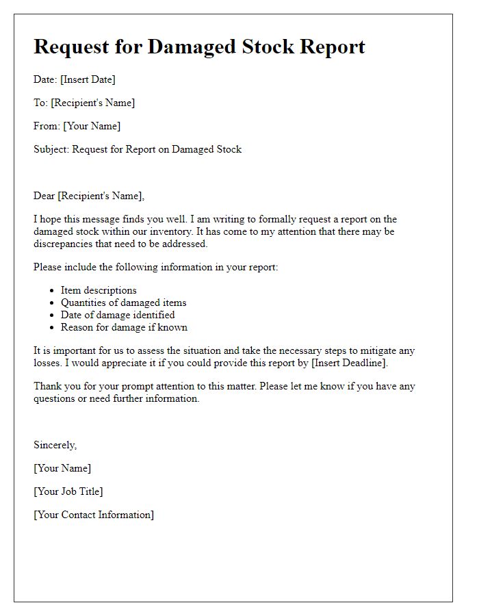 Letter template of damaged stock report request