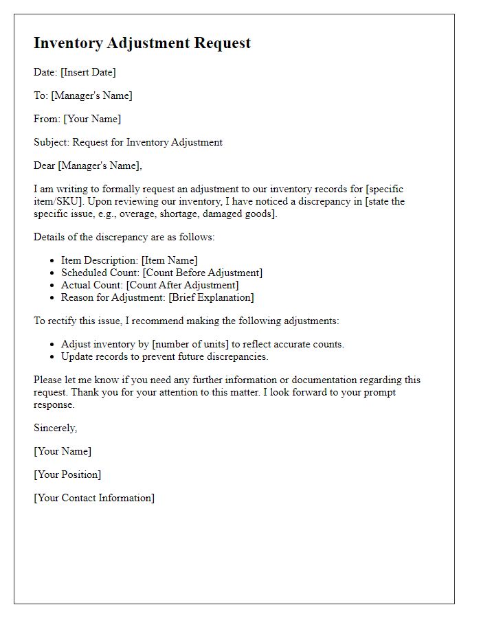 Letter template of inventory adjustment request