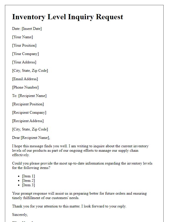 Letter template of inventory level inquiry request